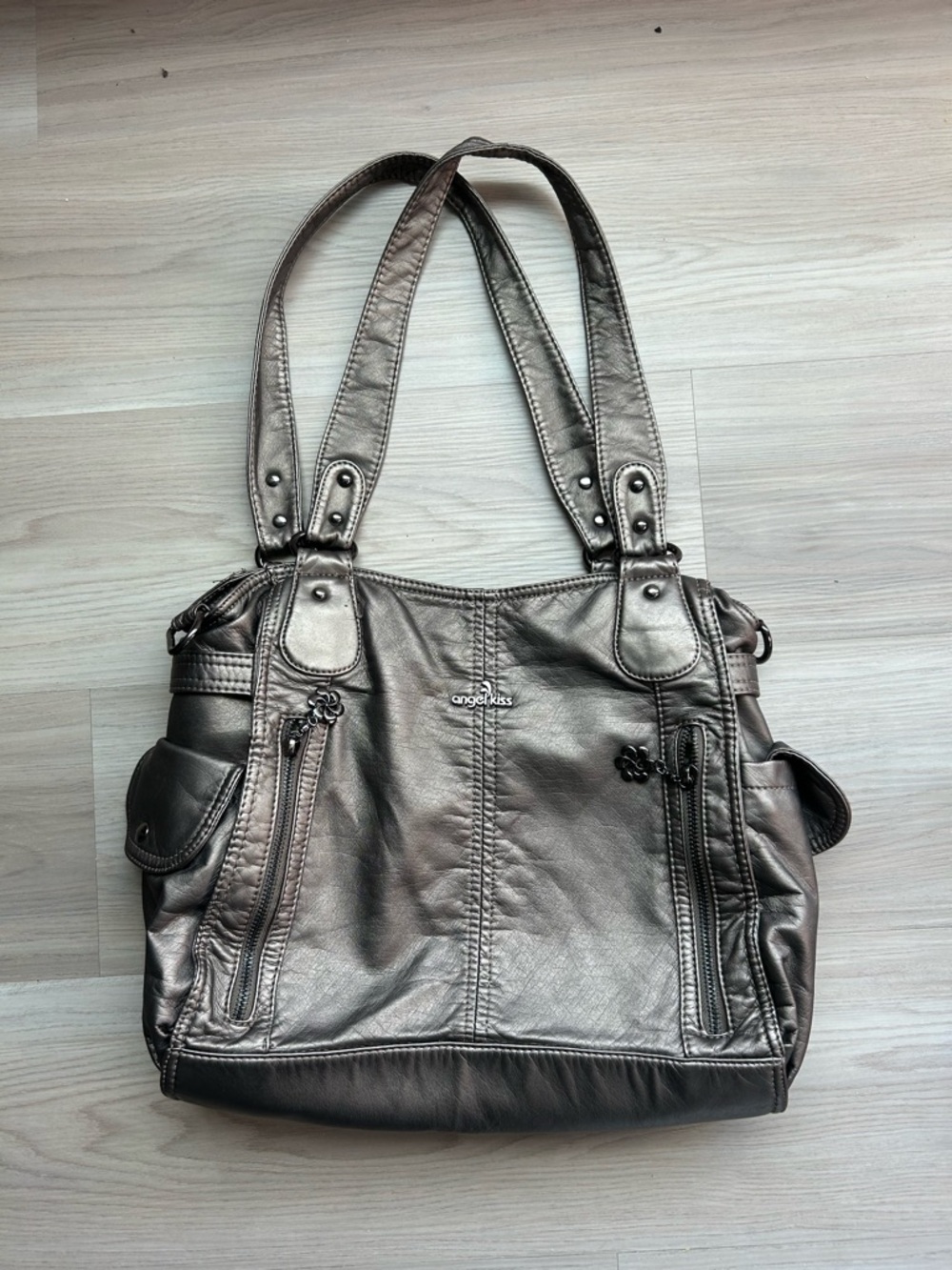 Angel Kiss Metallic Grey Multi-Pocket Hobo Shoulder Bag - Great Condition!